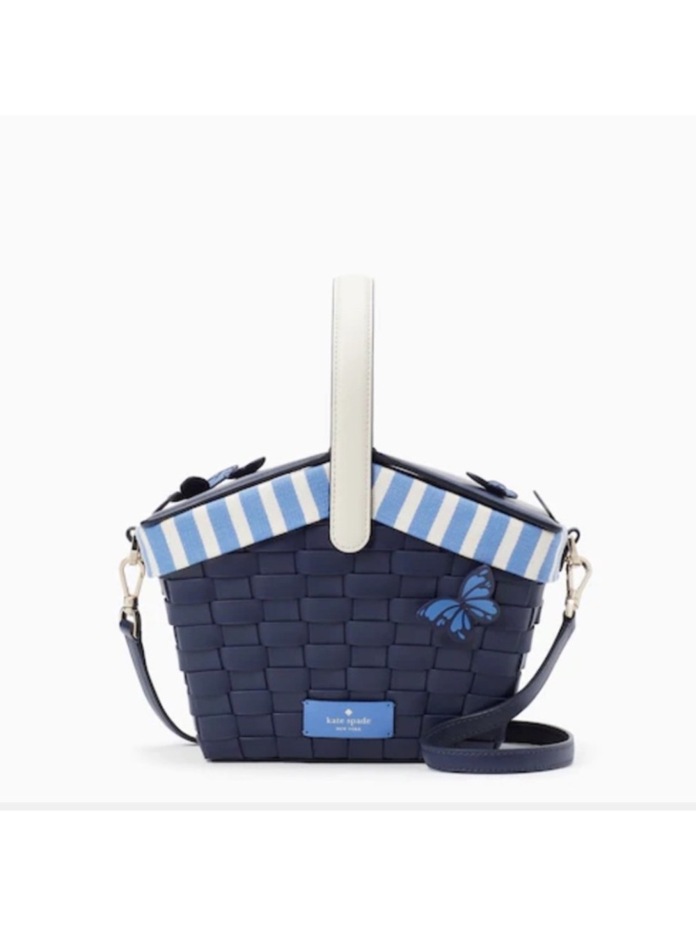 kate spade Navy Woven Picnic Basket Bag with Blue Stripes - Picture 11 of 12